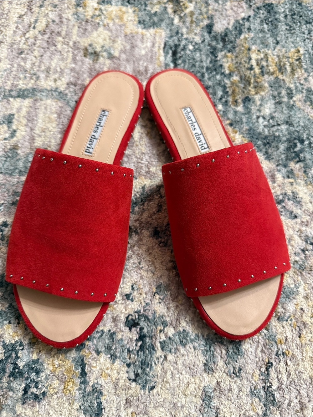 NWT Charles David Red Suede Slide Mules with Stud Detail